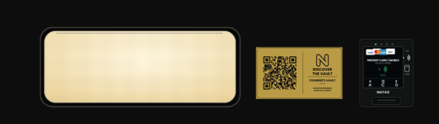Close view of the Founder’s Vault lower hardware bay, with the warm-white backlit retrieval opening at the left and the brushed-gold QR plaque directly left of the black Nayax reader