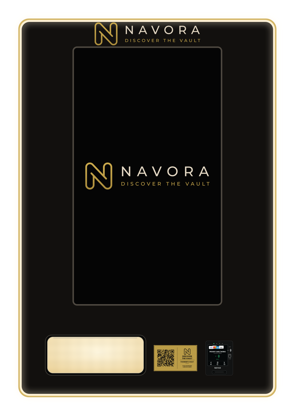 Navora Founder’s Vault, straight-on front view of the wall-mounted matte-black cabinet with the top-front Navora lockup, the 32-inch portrait display, the warm-white backlit retrieval opening at the lower left, and the brushed-gold Founder’s Vault QR plaque directly left of the black Nayax reader